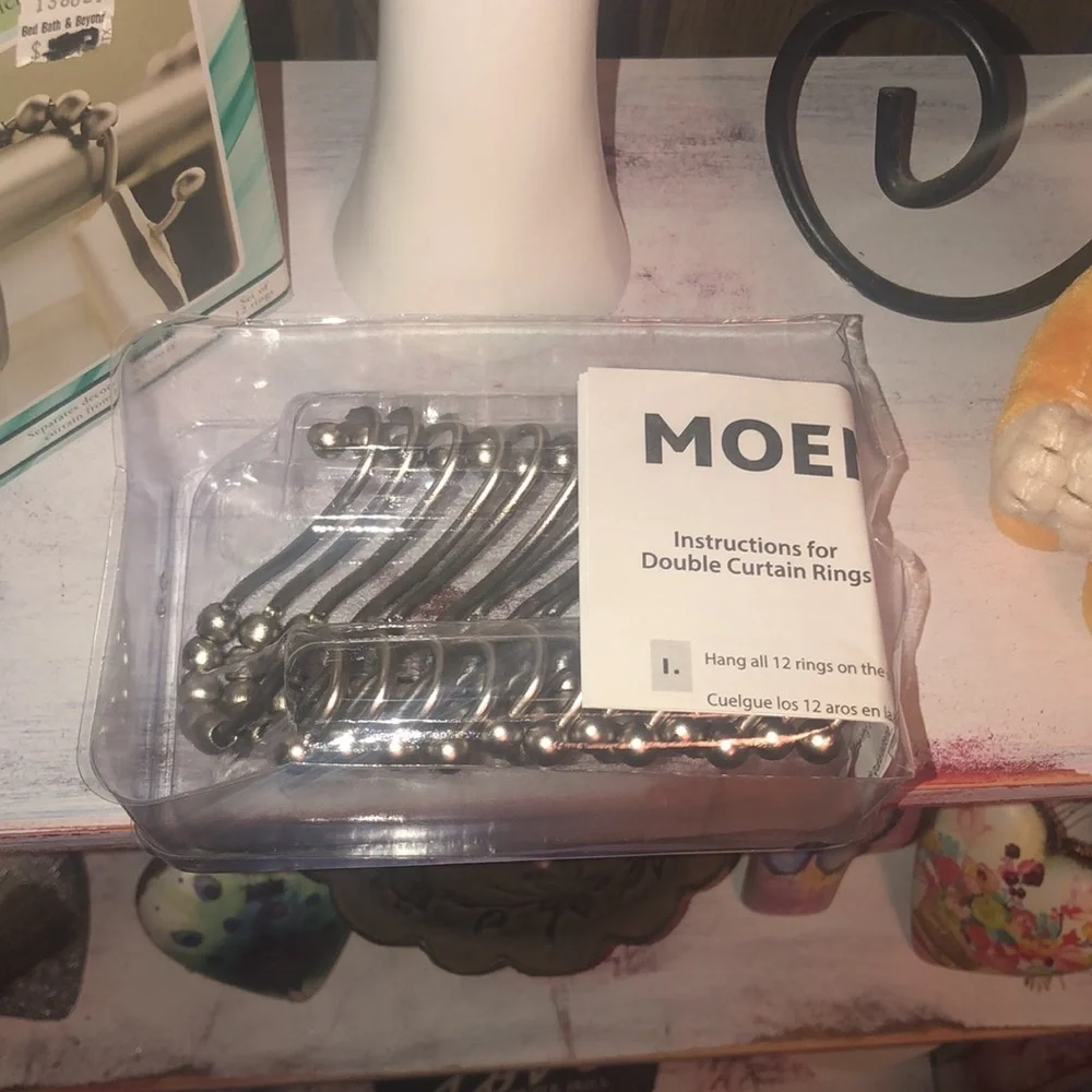 New In Box “MOEN” Double Shower Curtain Rings-Brushed Nickel